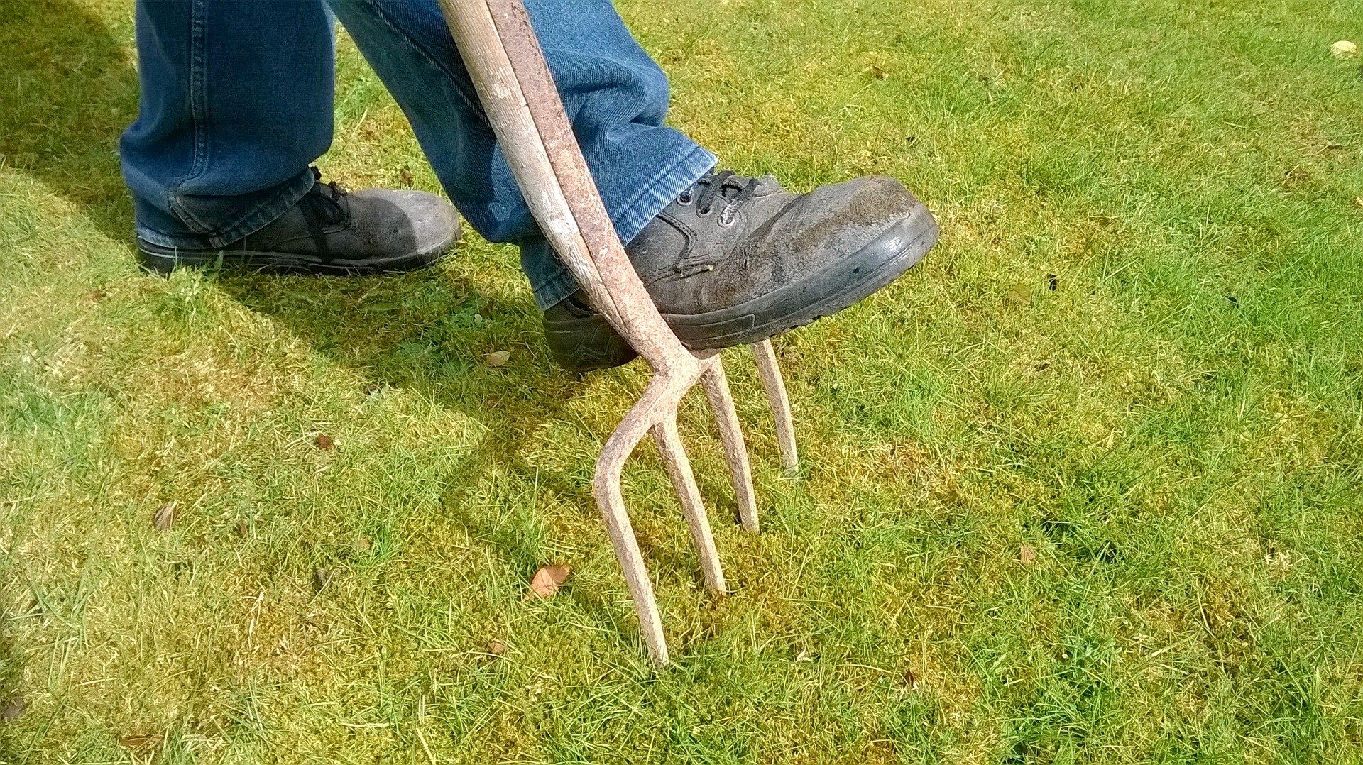 Image of man's leg with pitch fork digging it into the ground