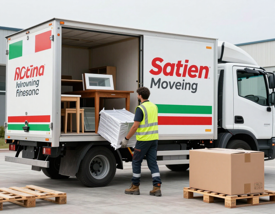 Autista professionale mentre carica merci fragili su un autocarro moderno per un trasporto nazionale.