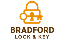 Logo for Bradford Lock & Key. Shows an orange lock with a key, and text that reads 