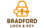 Logo for Bradford Lock & Key. Shows an orange lock with a key, and text that reads 