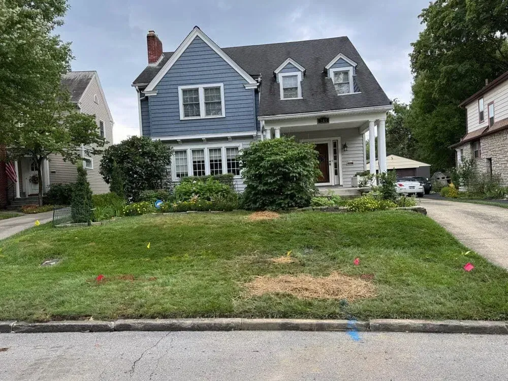 Blue house with dormers, white columns, and a front lawn; cloudy sky.