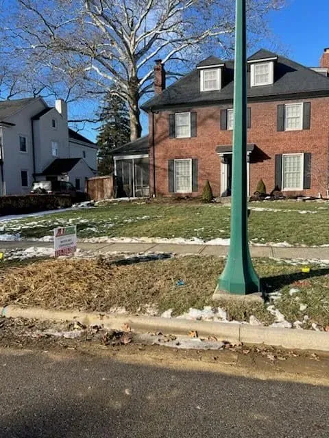Street view of brick house, grassy lawn, bare tree, and streetlight on sunny day.