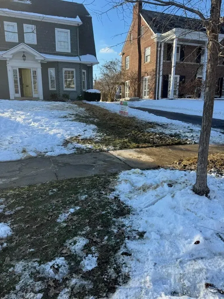 Snowy residential street with melting snow and patches of grass visible. Two houses in background.