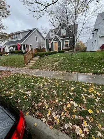Houses on a residential street; the houses are different colors and have green lawns. Fall leaves on the ground.