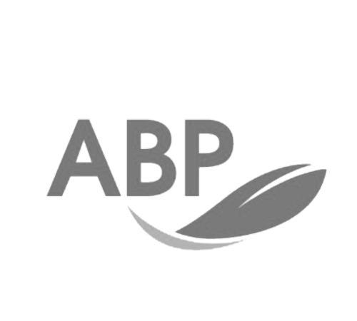 A black and white logo for abp with a leaf on a white background.