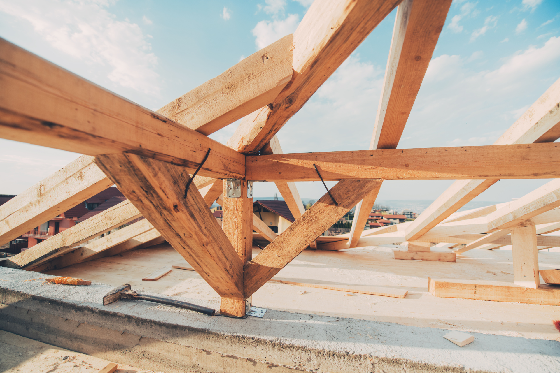Timber roof joists and supports on the roof of a house