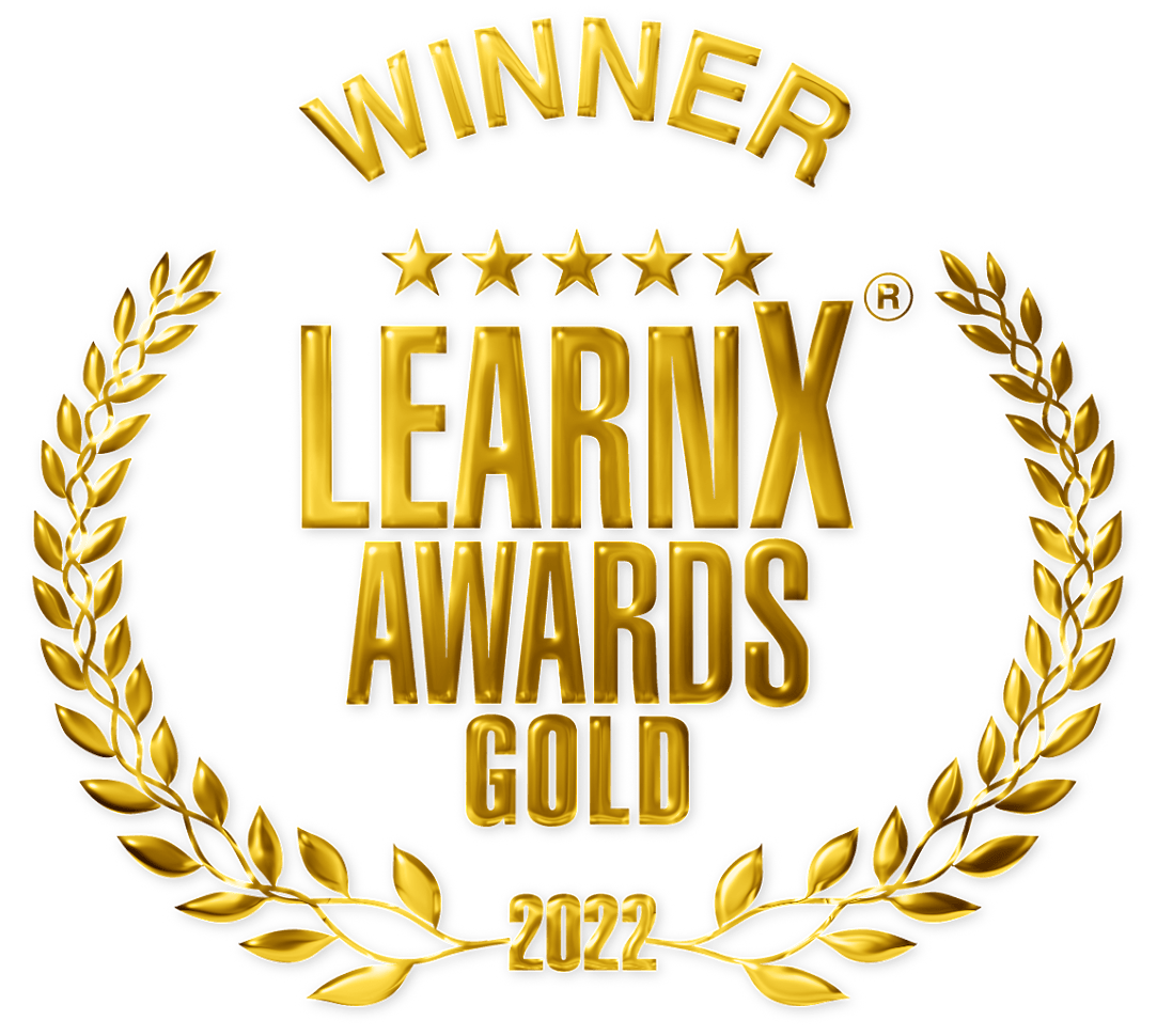 A gold laurel wreath with the words `` winner learn x awards gold '' written on it.