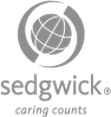 The logo for sedgwick caring counts has a globe in the middle of a circle.