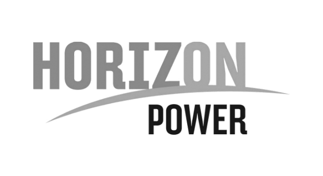 A black and white logo for horizon power
