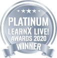 A silver badge that says platinum learnx live awards 2020 winner.
