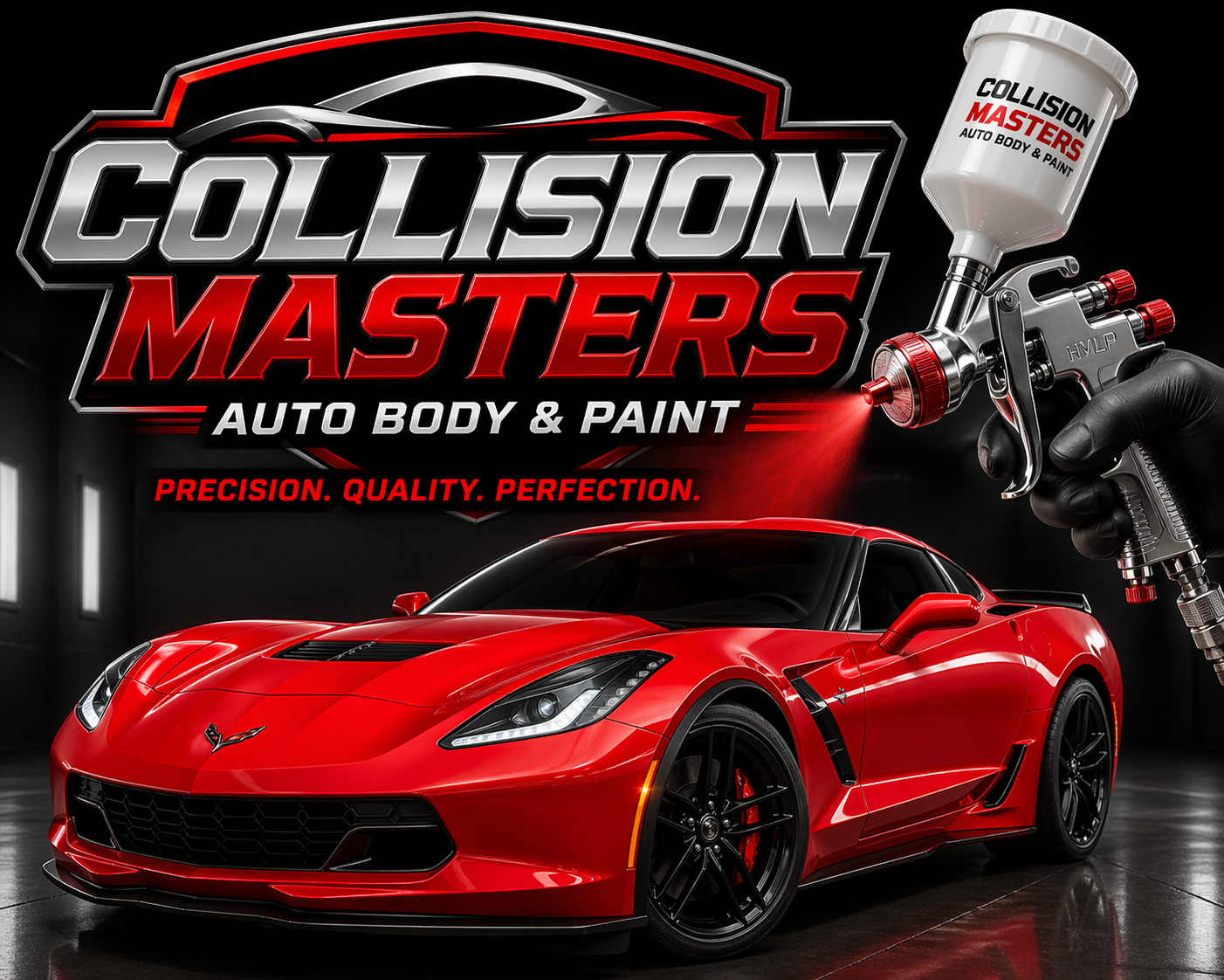 Collision Masters auto body and paint ad with red sports car and spray gun logo on black background