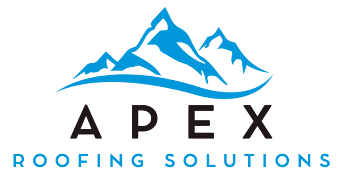 A logo for apex roofing solutions with a mountain in the background