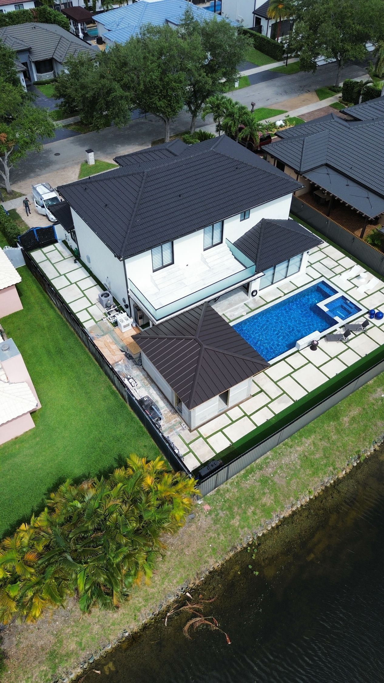 An aerial view of a house with a pool in the backyard.