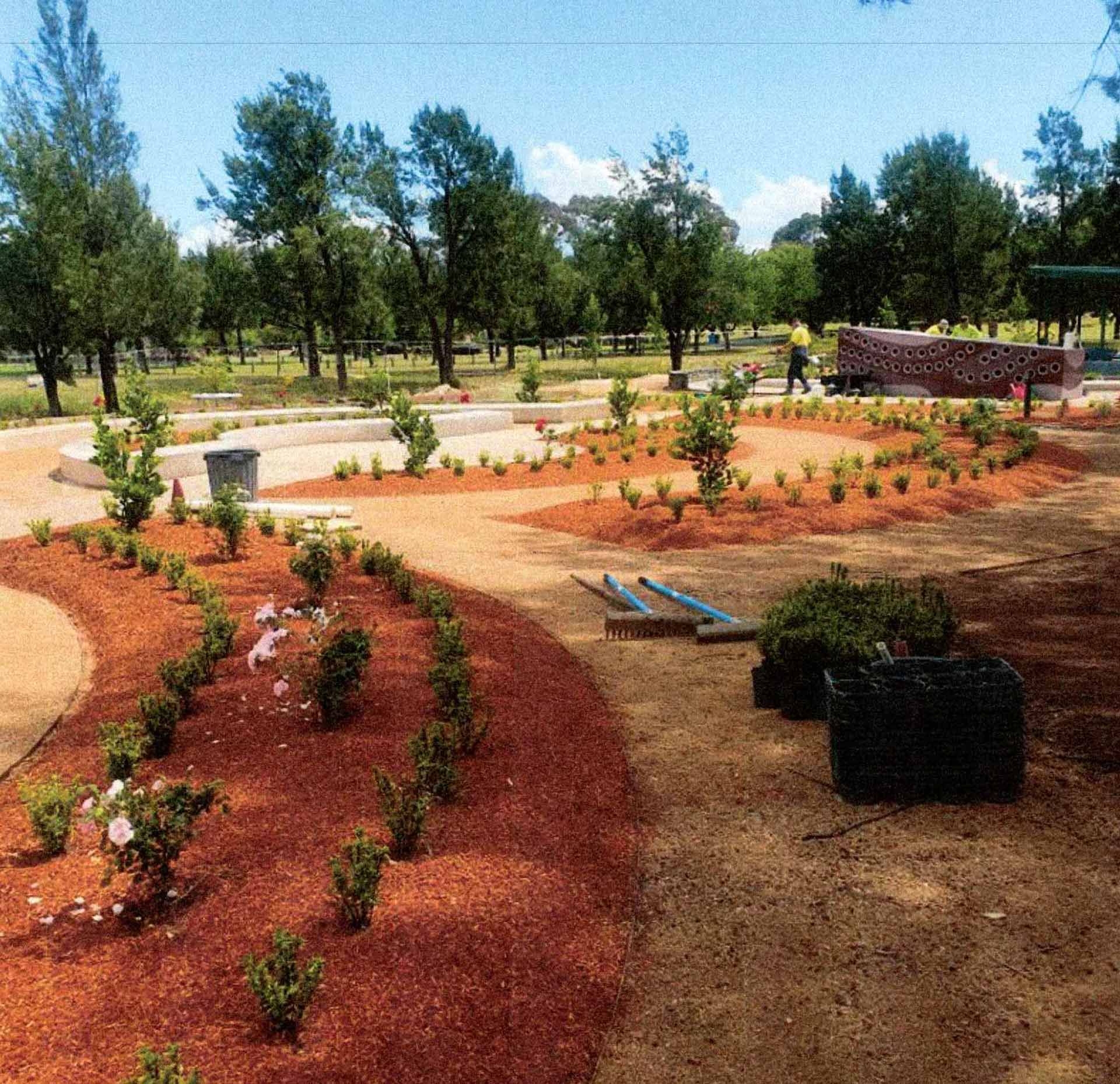 A newly landscaped park with green grass, young trees, and mulch beds beside a building and fence.
