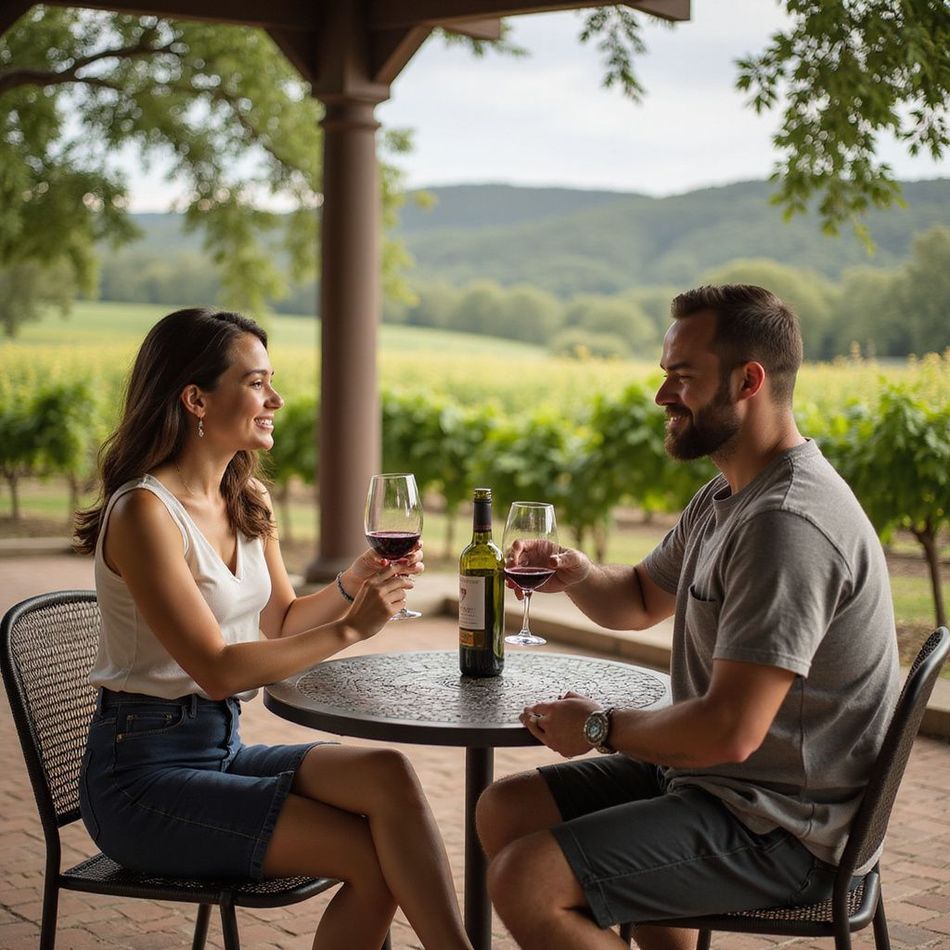 Couple toasting wine glasses at a vineyard table, smiling. Green vines and mountains in the background.