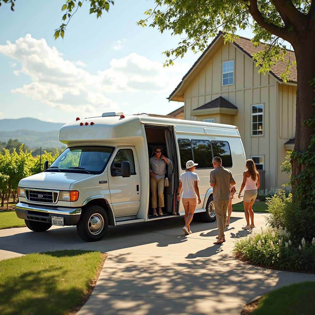White van with people exiting near a house in a vineyard setting.
