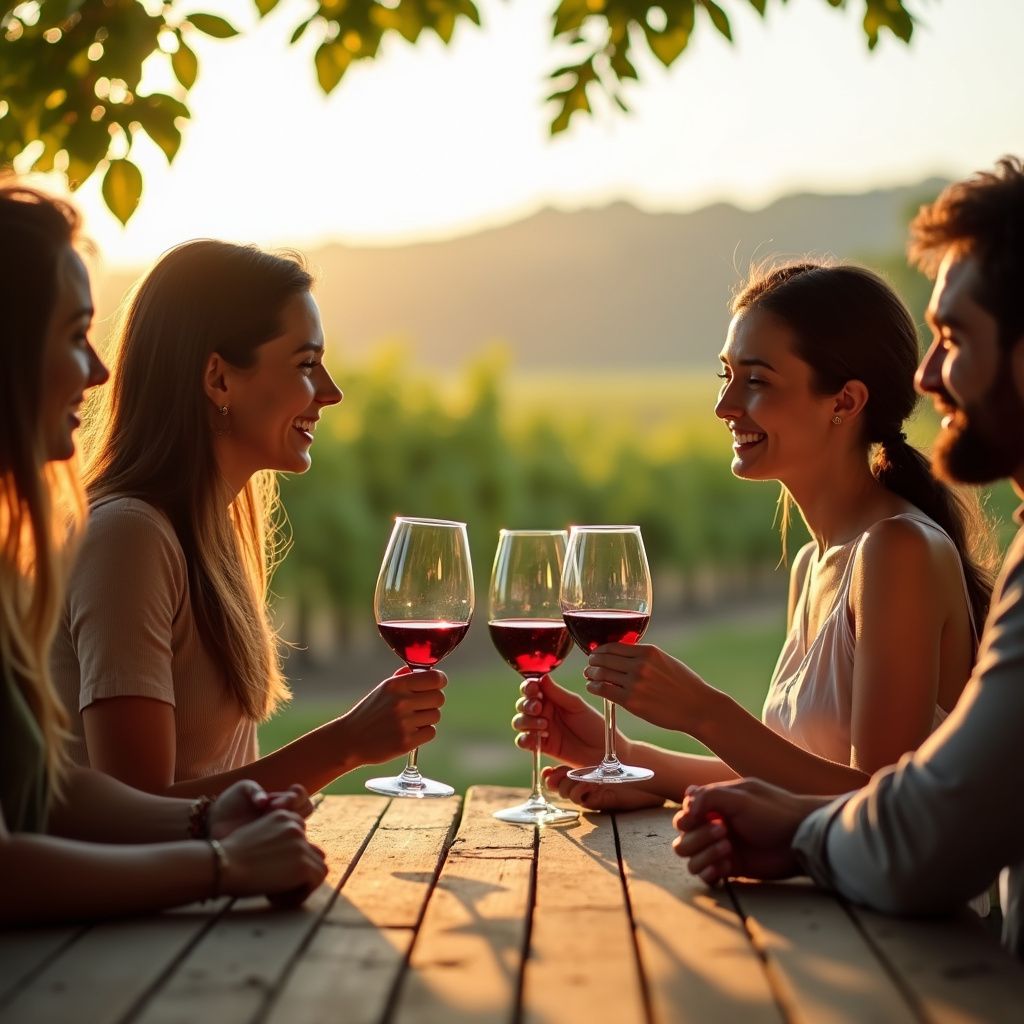 Four friends toasting with red wine at a vineyard at sunset.