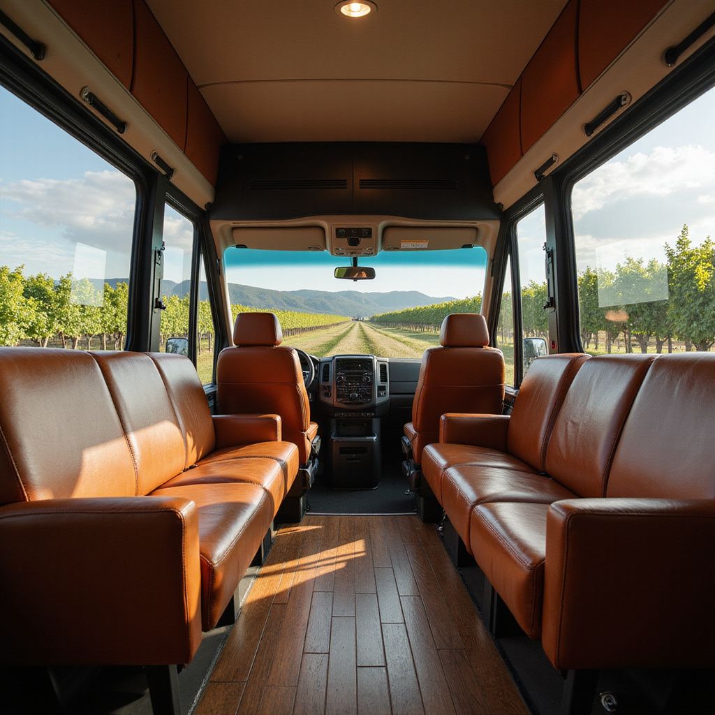 Inside a luxury tour van with brown leather seats, overlooking a vineyard through the front windshield.