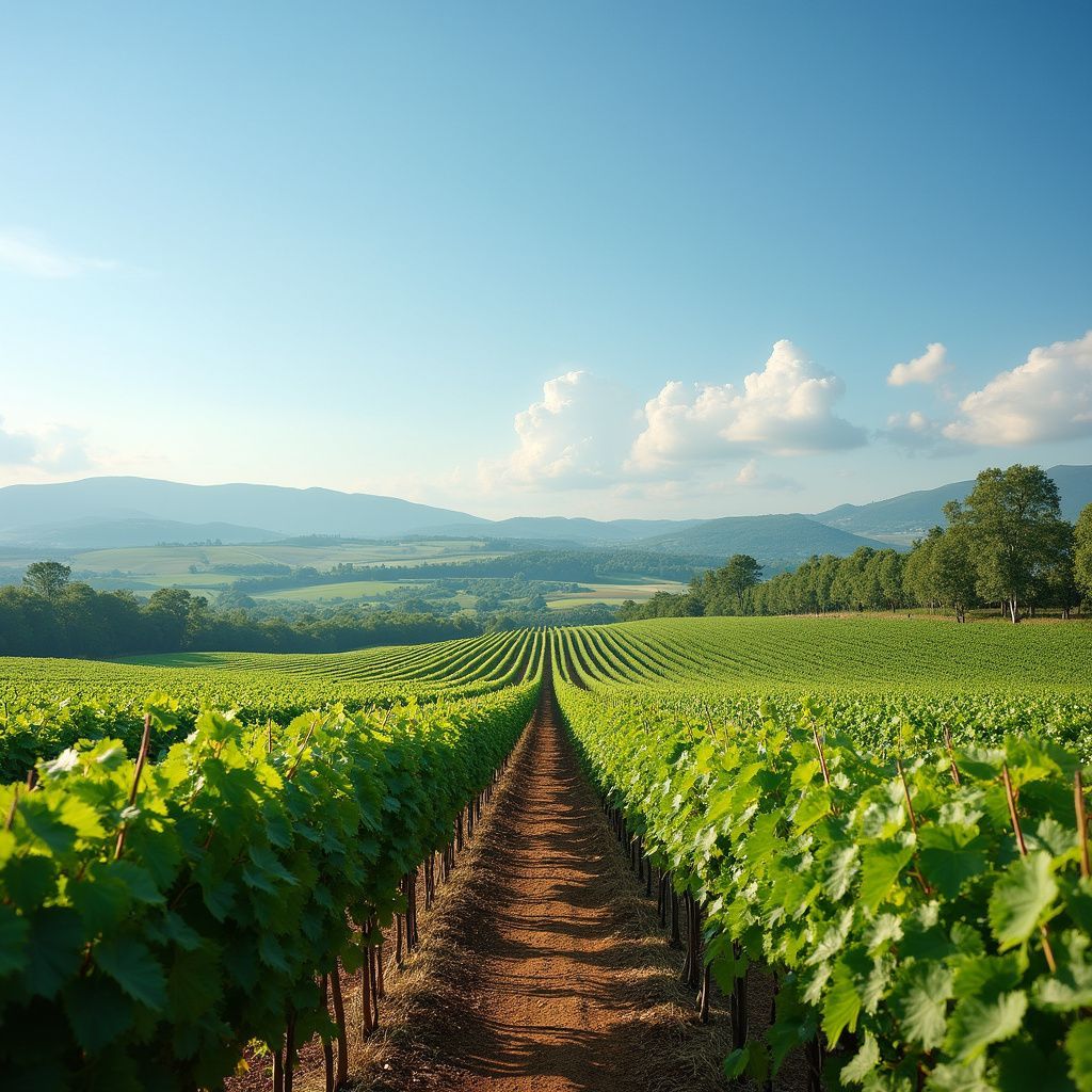 Vineyard with rows of green grape vines under a bright blue sky with fluffy white clouds and distant mountains.