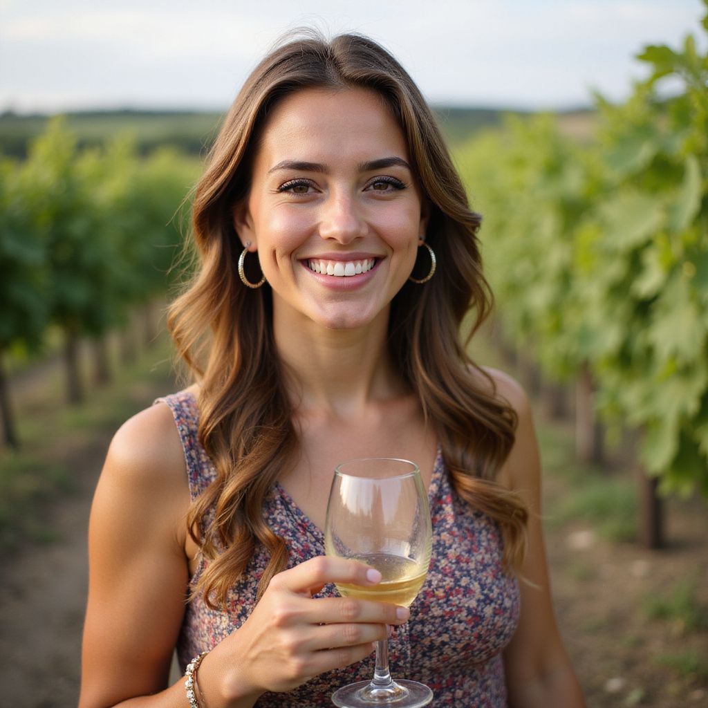 Woman in floral dress smiles, holding a glass of wine in vineyard.