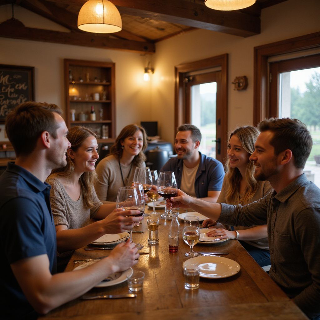 Friends toasting with wine at a rustic wooden table in a warmly lit dining room.