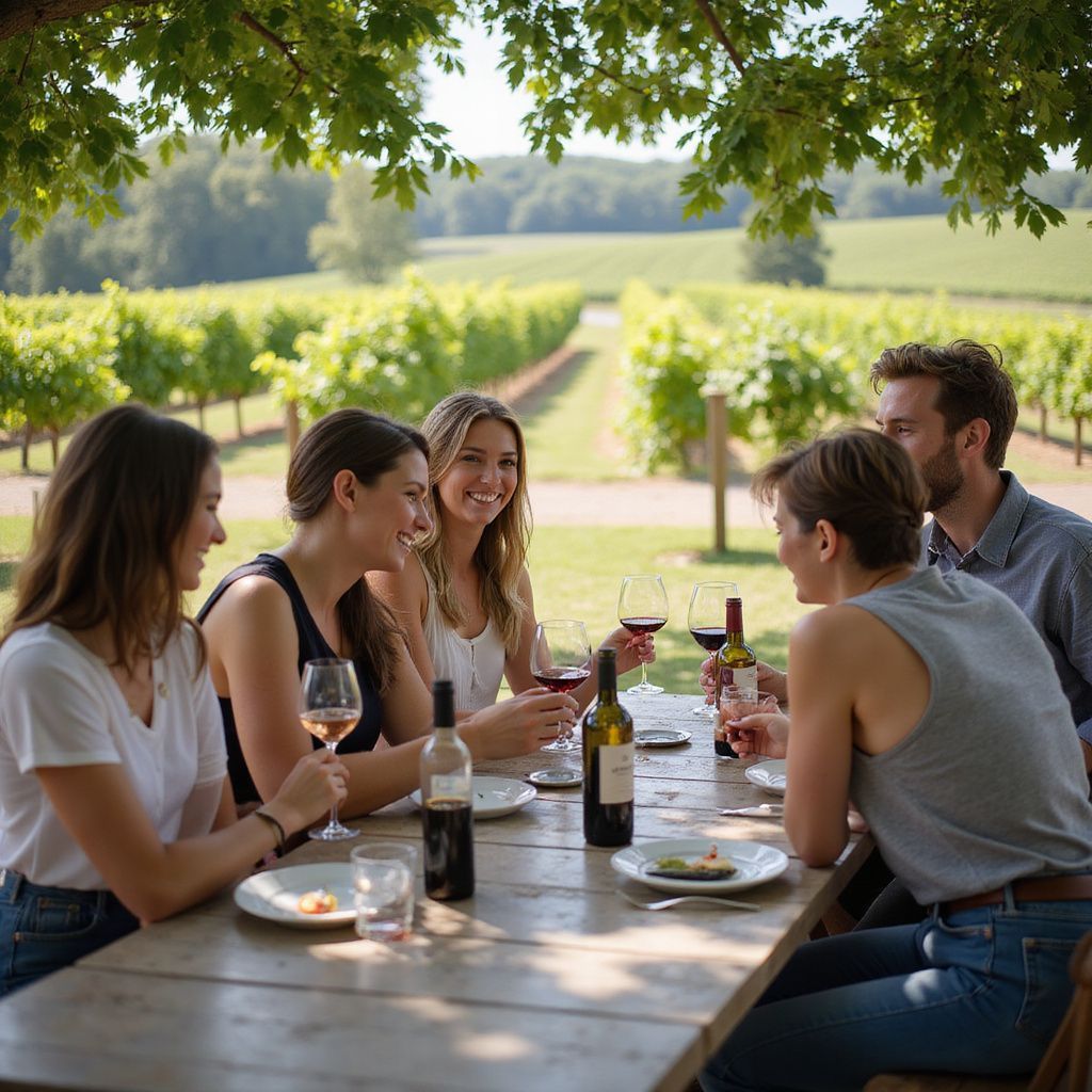Friends enjoying wine at a vineyard table, smiling. Vines in background, sunny day.