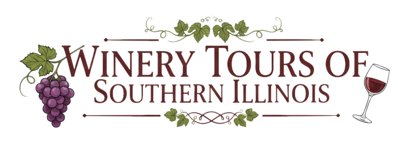 Logo: Winery Tours of Southern Illinois. Grape bunch, wine glass, and vine details in brown and green.