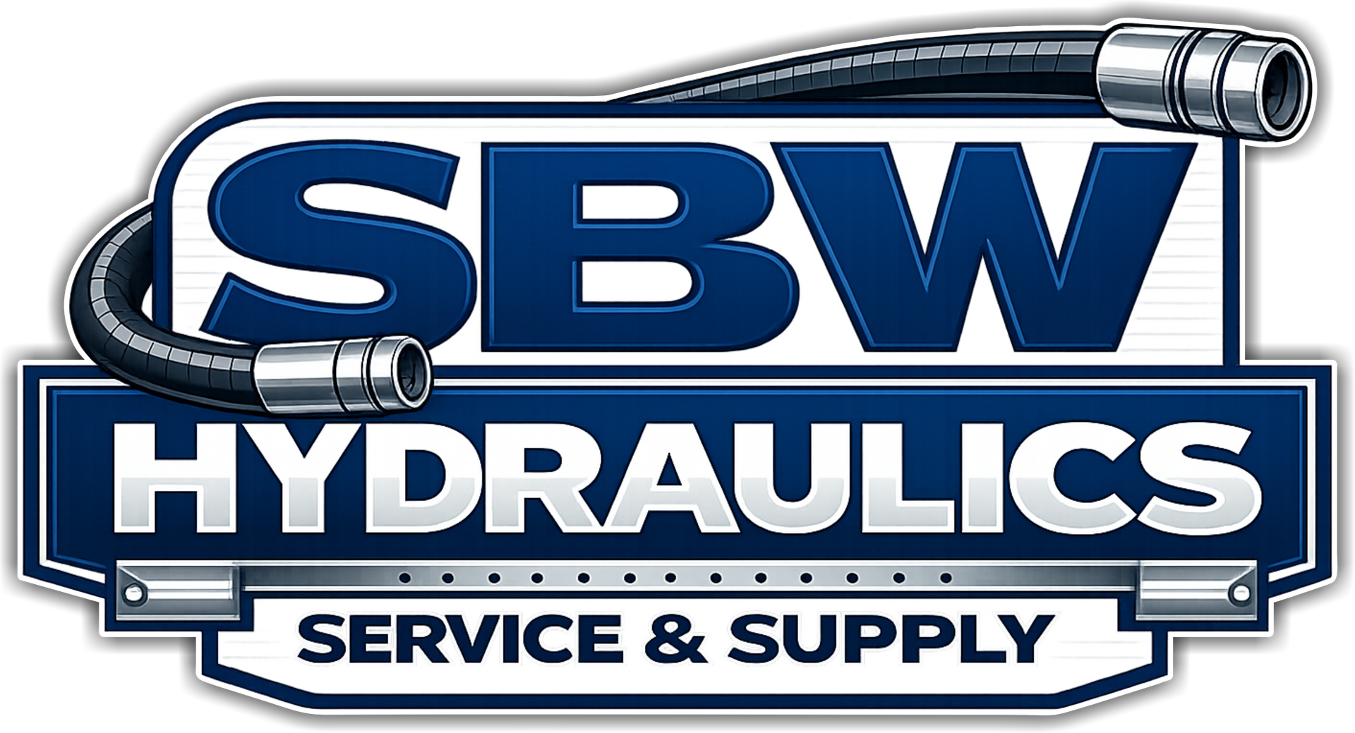SBW Hydraulics Service & Supply logo in blue and white with metallic pipe graphics