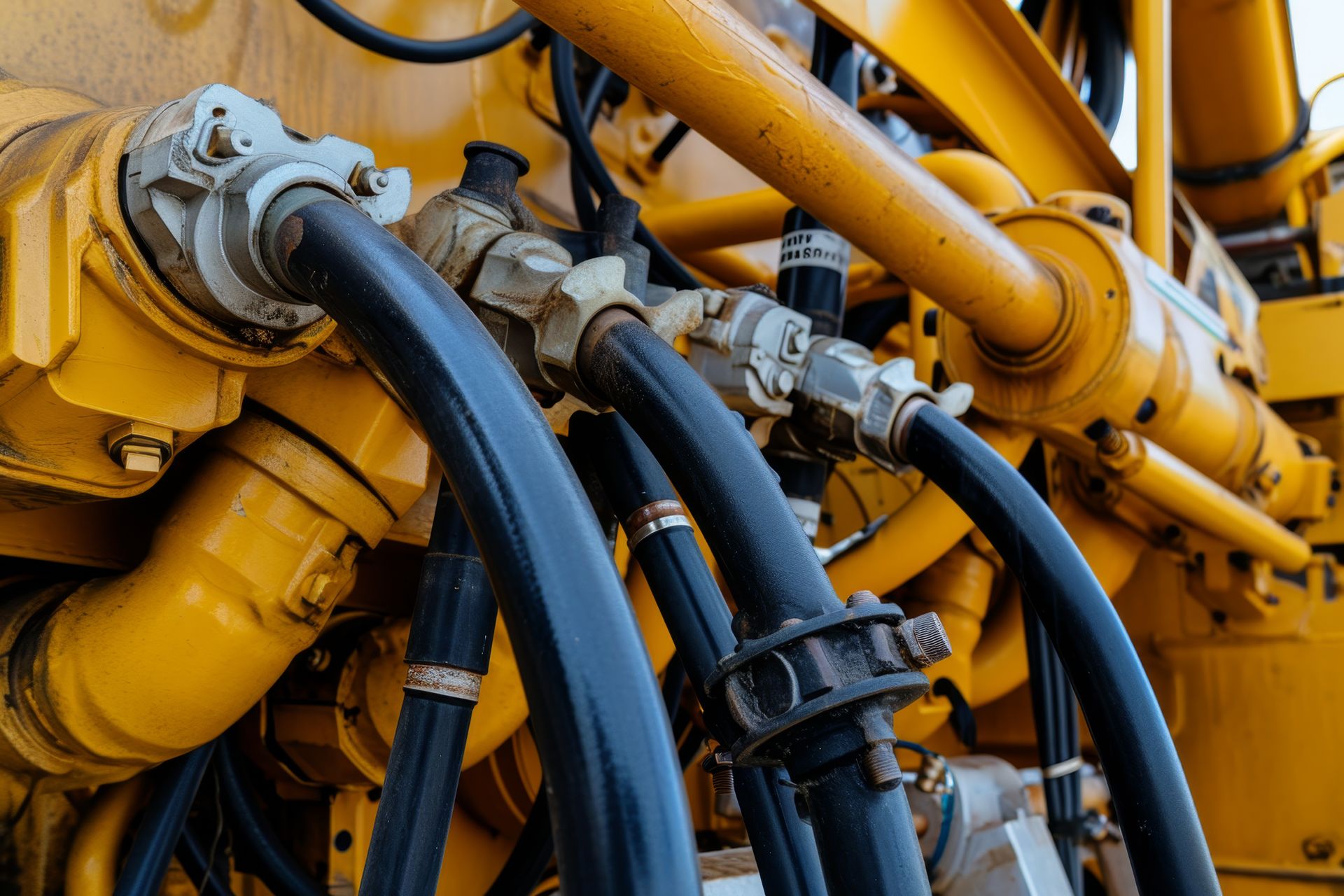 Yellow industrial machinery with black hydraulic hoses and metal fittings