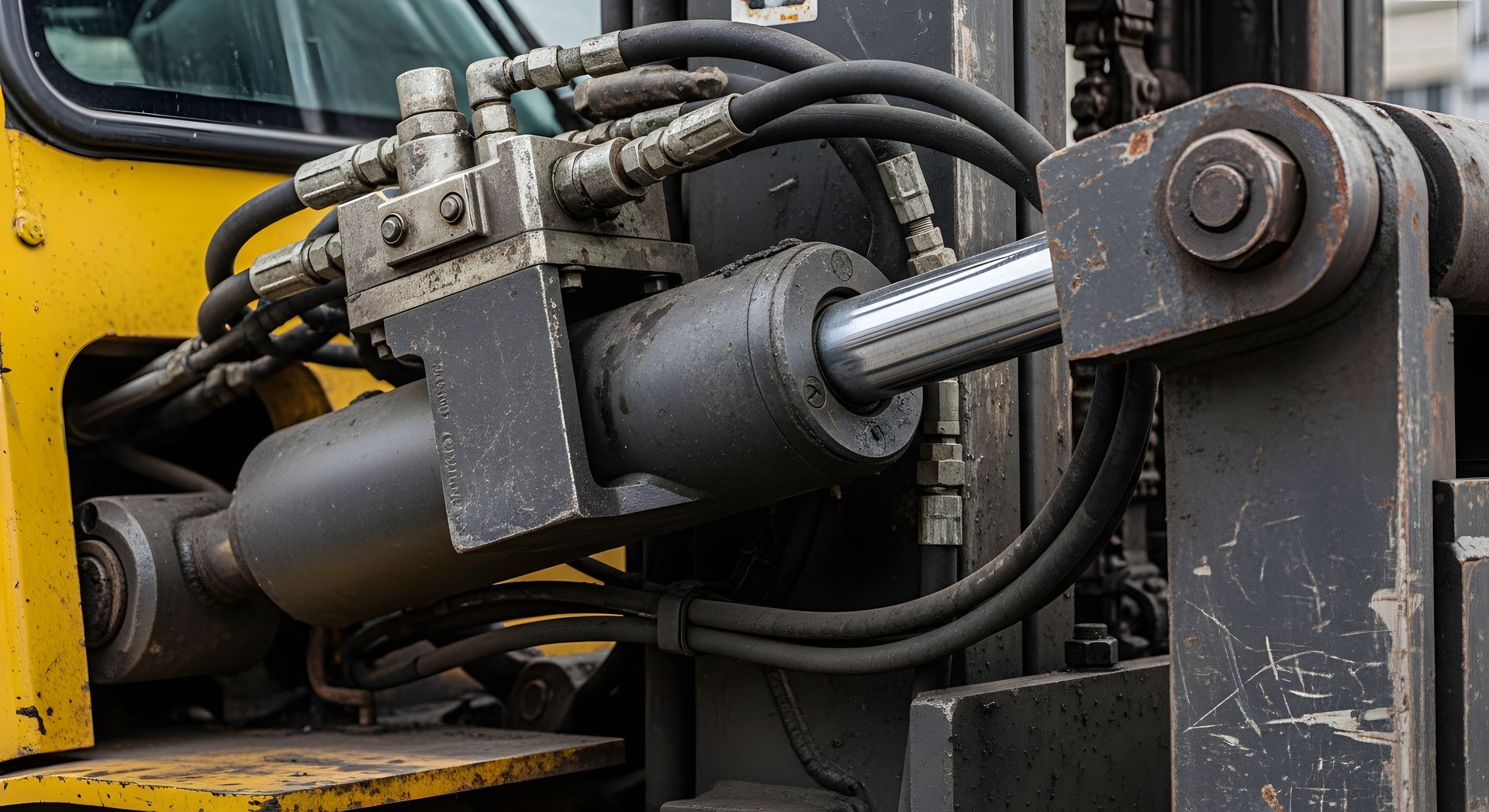 Close-up of a hydraulic cylinder and hoses on yellow industrial machinery