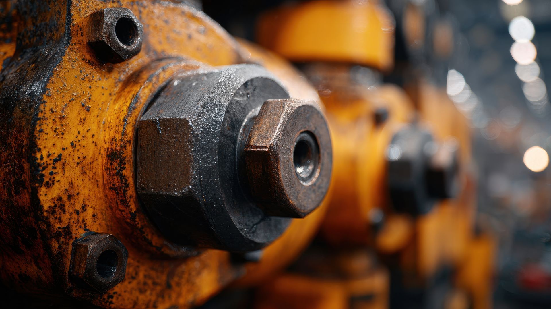 Close-up of rusted orange industrial pipe fittings with black bolts in a factory setting