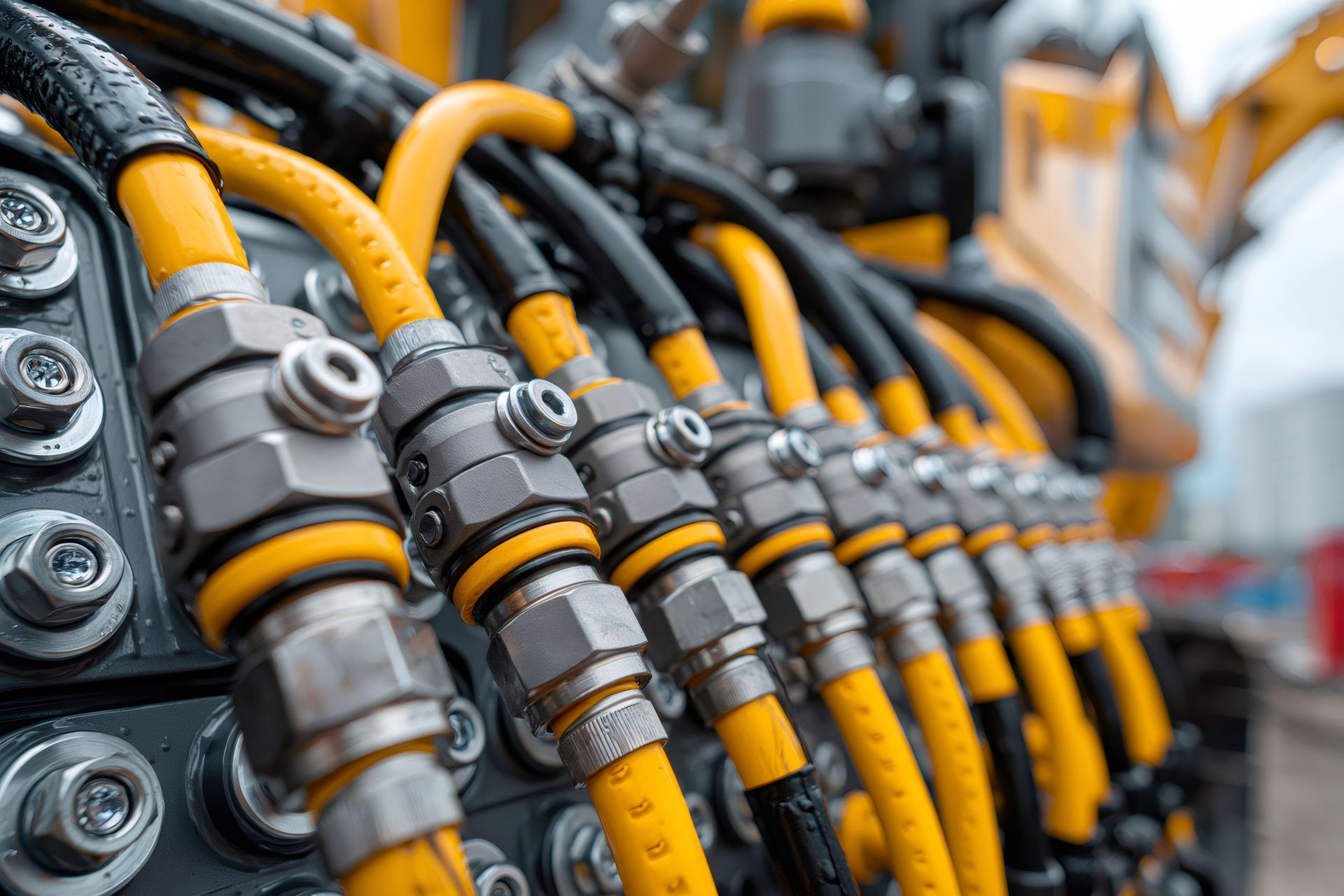 Close-up of yellow hydraulic hoses and metal connectors on industrial machinery