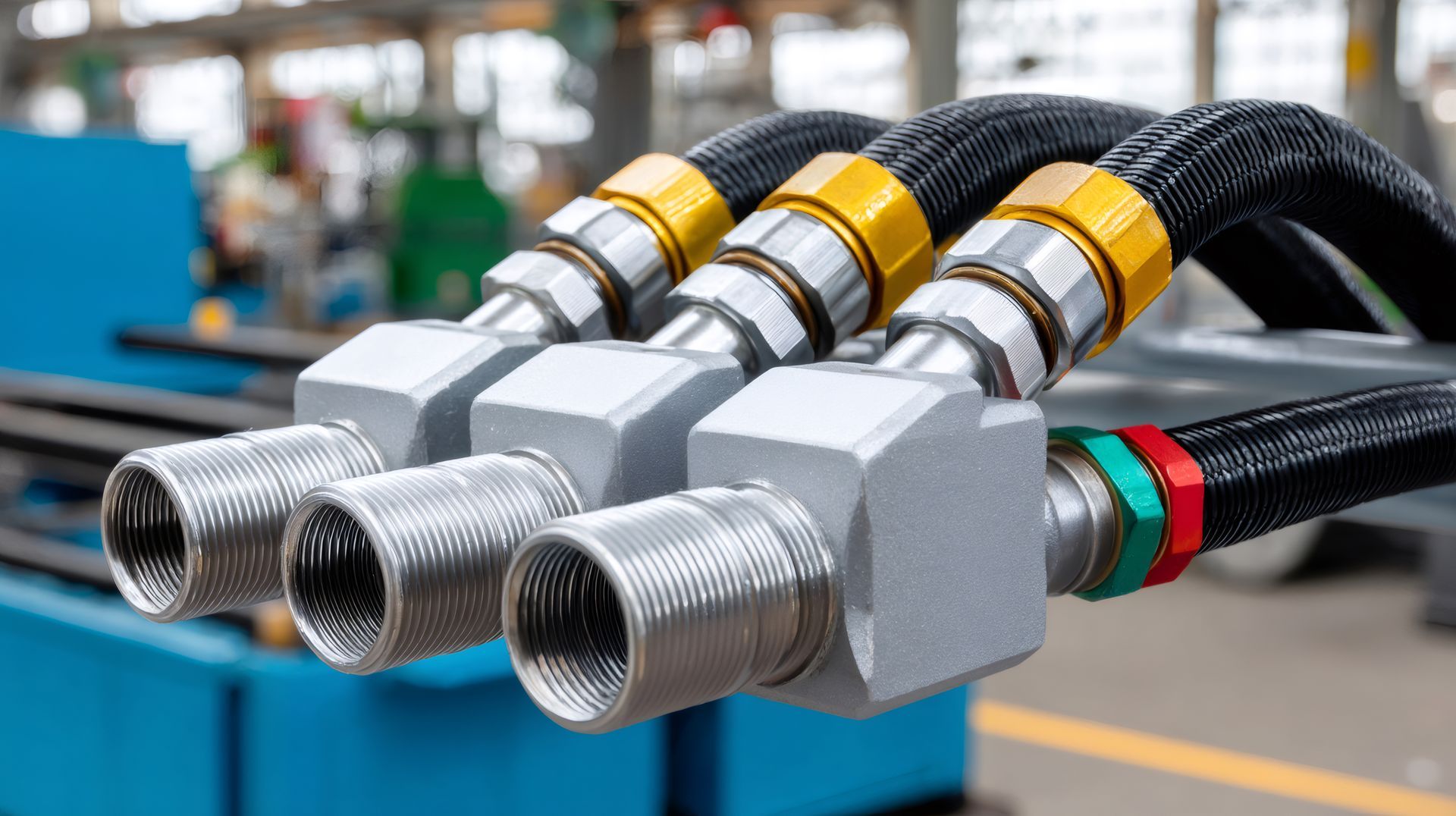Three silver industrial hose connectors with black braided cables and yellow bands on a factory floor