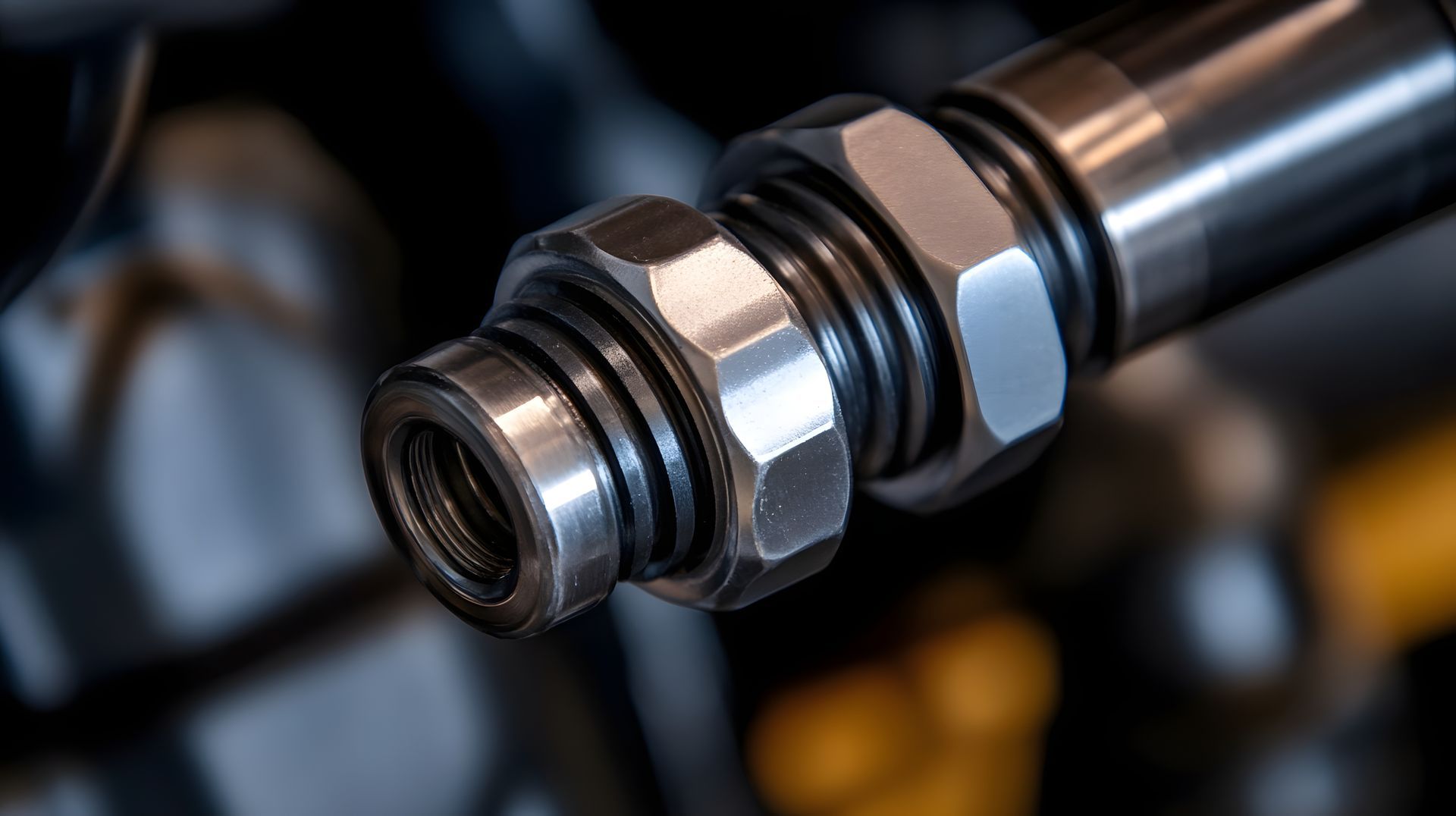 Close-up of a metal threaded fitting with hex nuts on a chrome pipe against a blurred industrial background