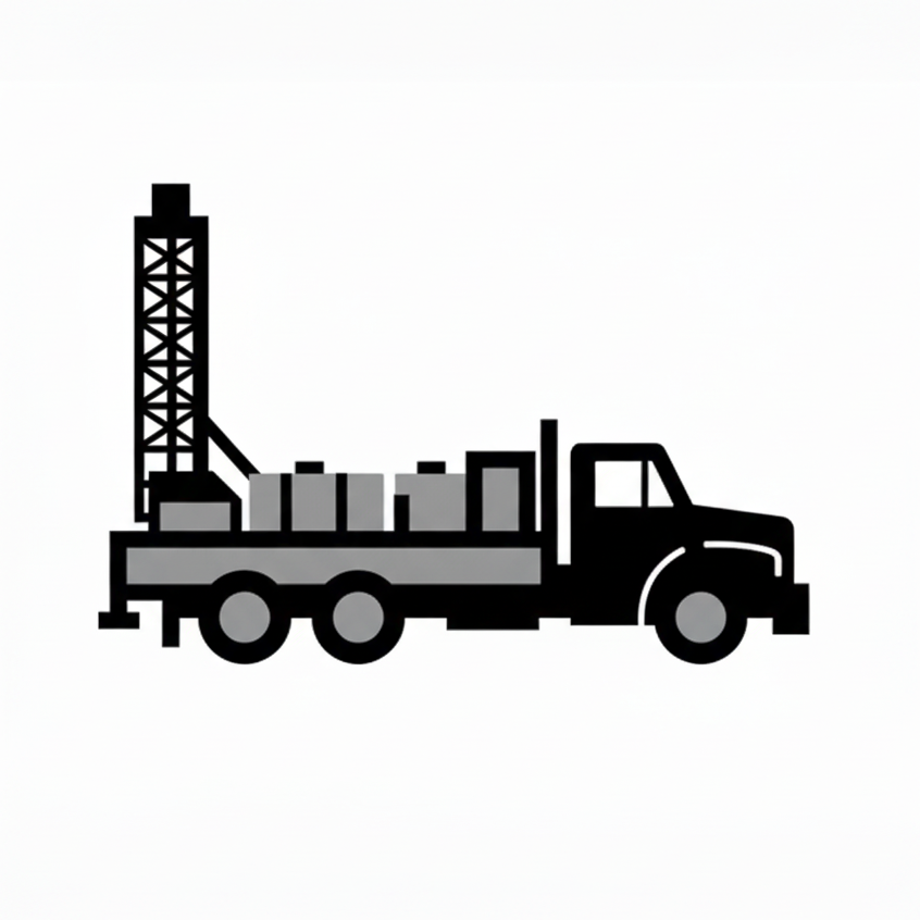 Black and gray drilling rig truck.