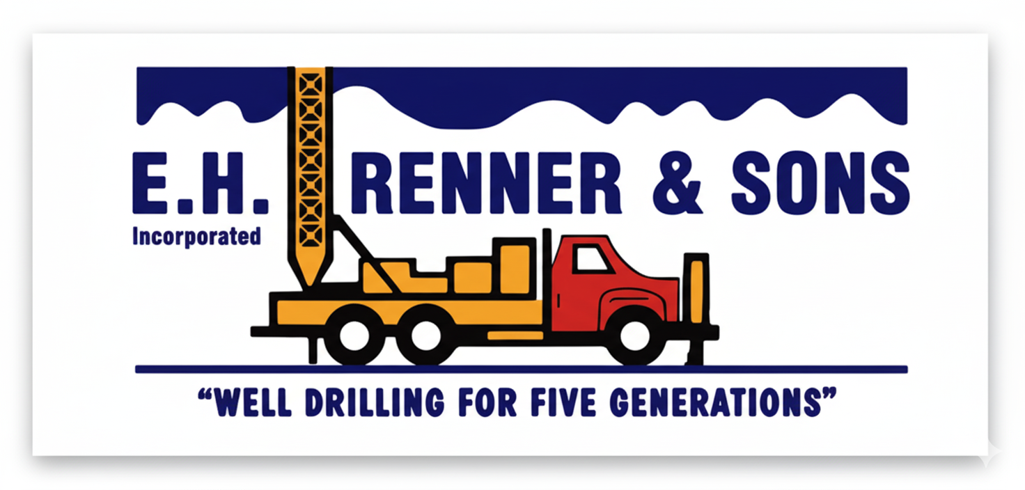 Logo for E.H. Renner & Sons, a well drilling company. Features a truck with drilling equipment in front of a blue wave.