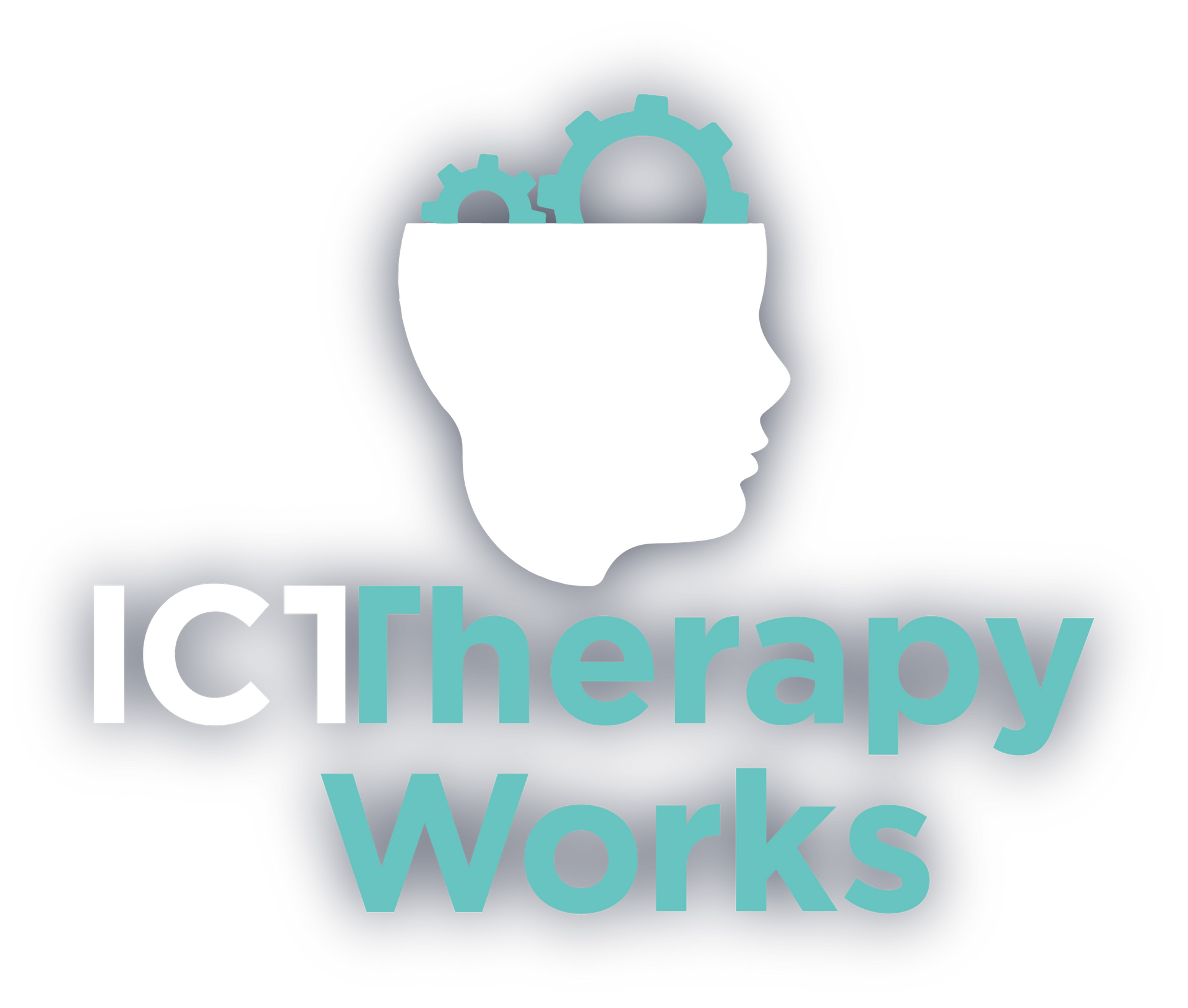 A logo for ict therapy works with a head and gears