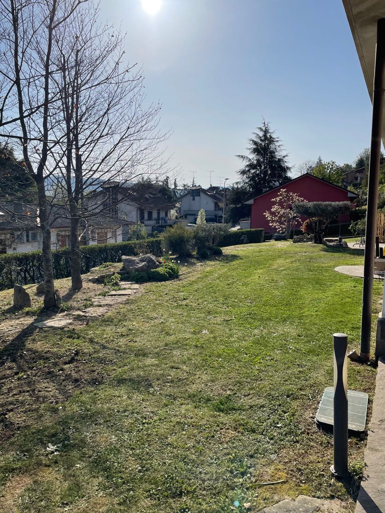 Prato con alberi spogli, cespugli e case sotto un cielo soleggiato; il bordo di un edificio sulla destra.