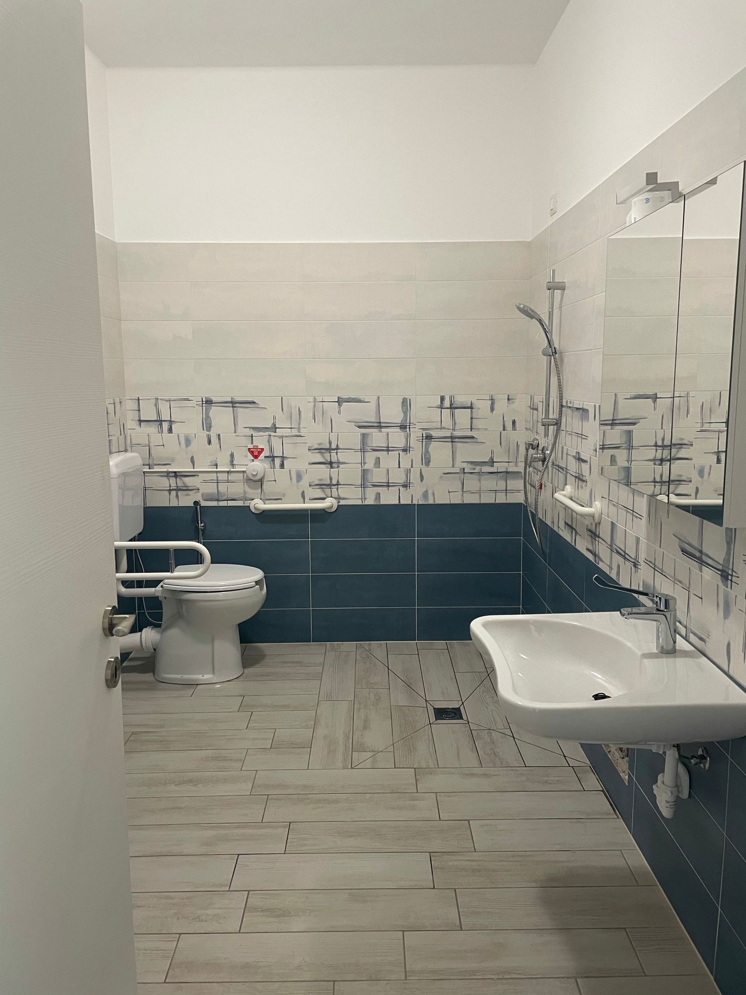 Bagno con WC accessibile, maniglioni e porta aperta. Pareti e pavimento chiari, con una porta marrone scuro sulla sinistra.