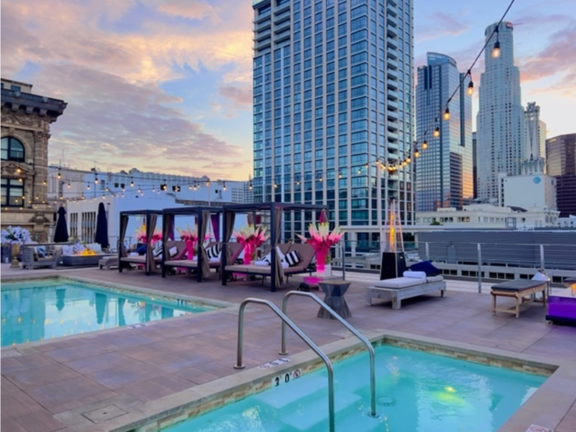Rooftop pool and skyline views at HWH Luxury Living in Downtown Los Angeles