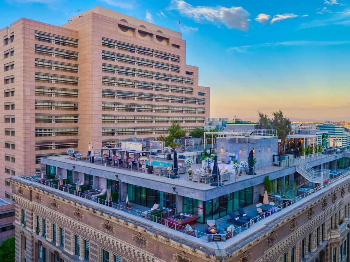 Aerial rooftop view of HWH Luxury Living in Downtown Los Angeles