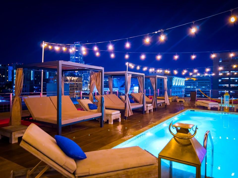 Rooftop pool deck with cabanas at HWH Luxury Living in DTLA