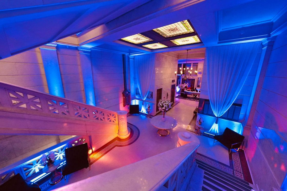 Stairwell with blue lighting at HWH Luxury Living in DTLA