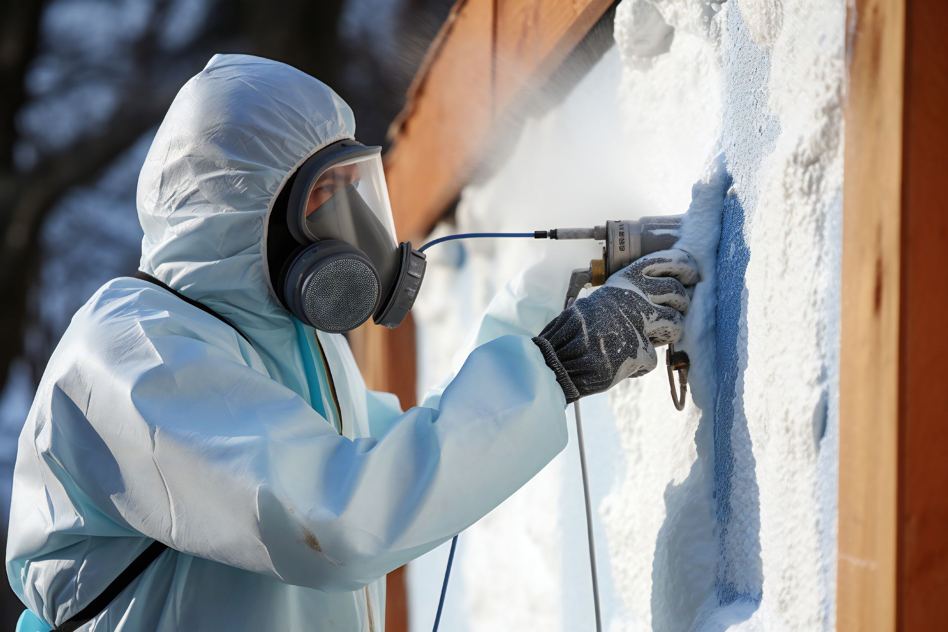 A man in a protective suit is spraying insulation on a wall.