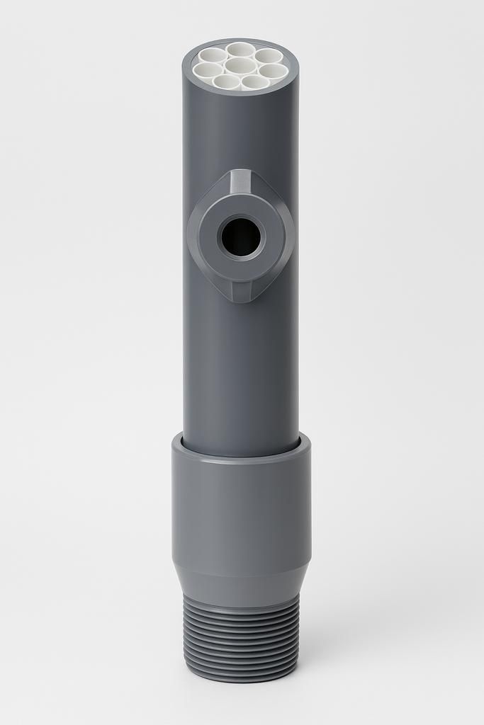 Gray PVC water filter component with threaded base and hexagonal openings.
