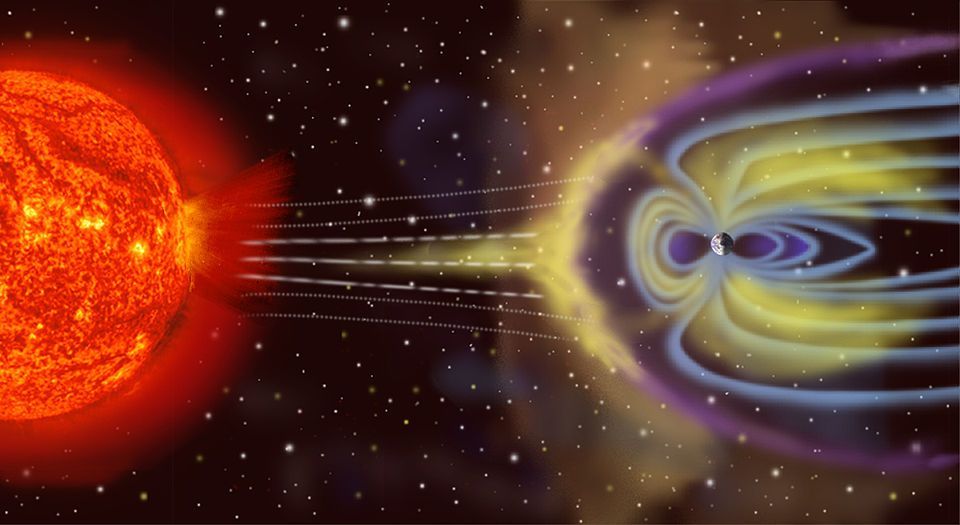太陽風粒子和地球磁層交互作用的示意圖 太陽風粒子和地球磁層交互作用的示意圖
