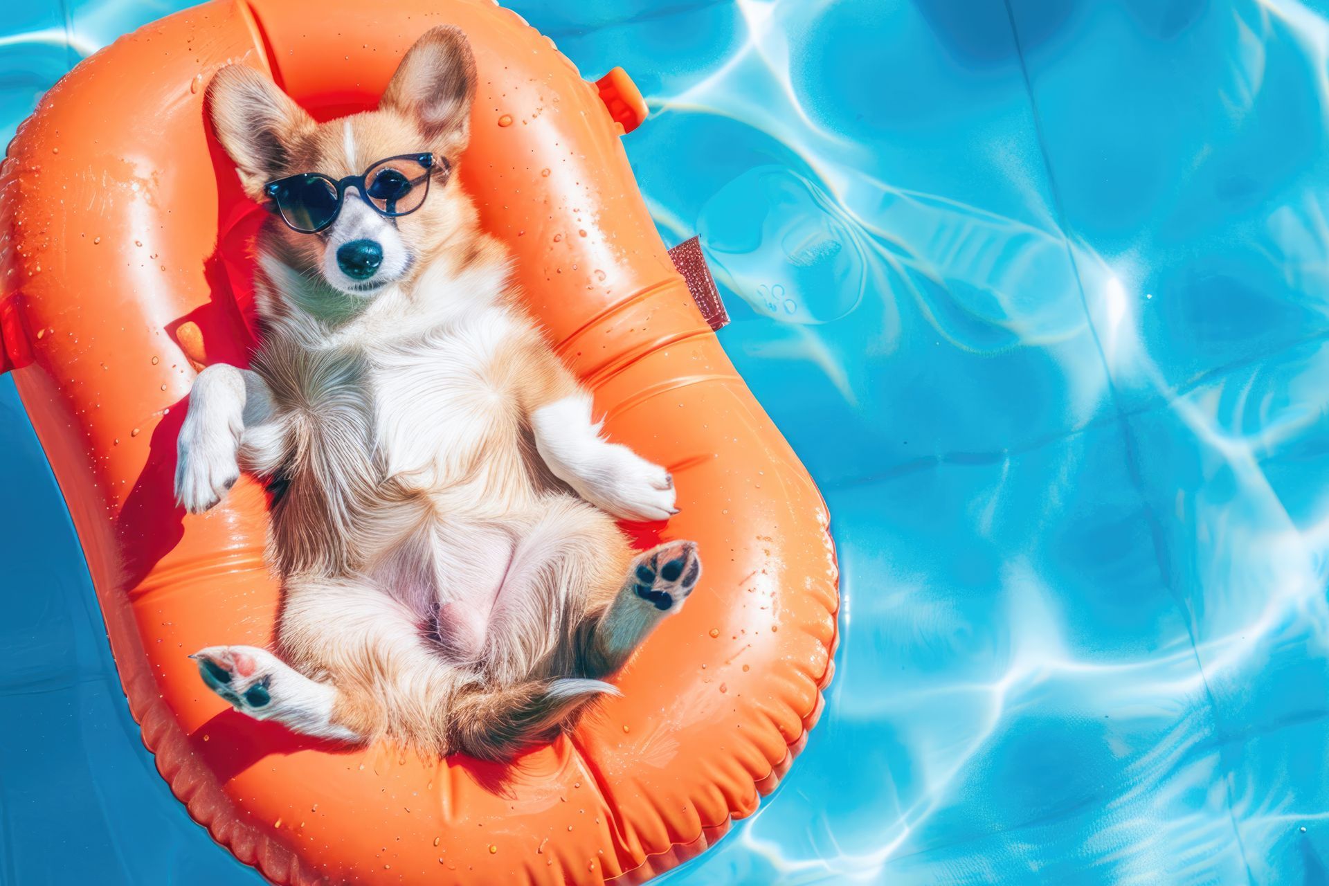 A dog wearing sunglasses is floating on an orange raft in a swimming pool.