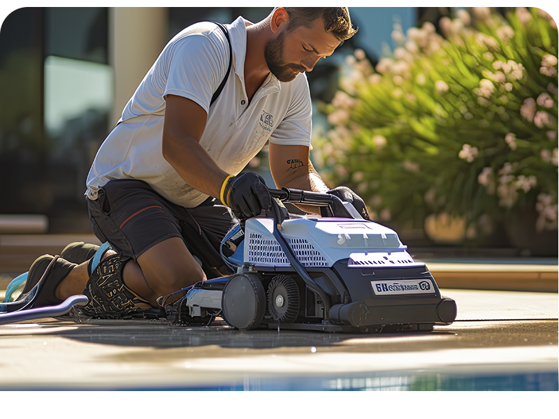 a man is kneeling down while using a robotic vacuum cleaner to clean a swimming pool .