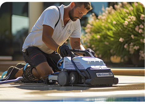 a man is kneeling down while using a robotic vacuum cleaner to clean a swimming pool .