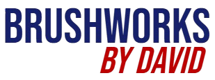 The logo for brushworks by david is blue and red